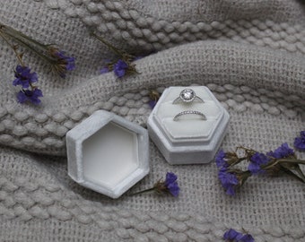 Hexagon Velvet Ring Box - double slot, Ring bearer, Engagement Ring Box, Vintage Ring Box, Luxury Ring Box - ivory white