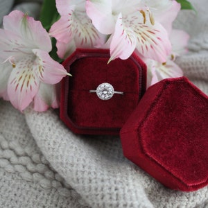 Octagon Velvet Ring Box, Handmade Ring Box, Engagement Ring Box, Wedding Ring Box, Vintage Ring Box, Luxury Ring Box - Wine Red