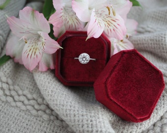 Octagon Velvet Ring Box, Handmade Ring Box, Engagement Ring Box, Wedding Ring Box, Vintage Ring Box, Luxury Ring Box - Wine Red