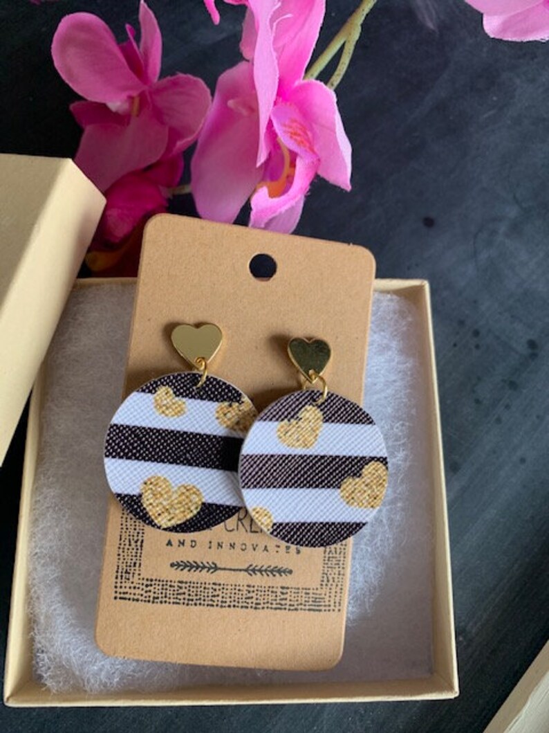 Heart earrings Gold earrings Striped earrings Leather earrings Black and white earrings Valentine/'s Day earrings