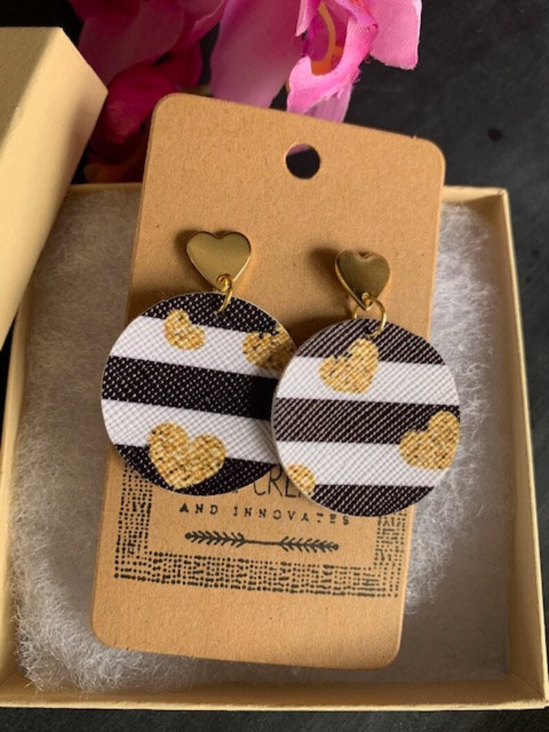 Heart earrings Gold earrings Striped earrings Leather earrings Black and white earrings Valentine/'s Day earrings