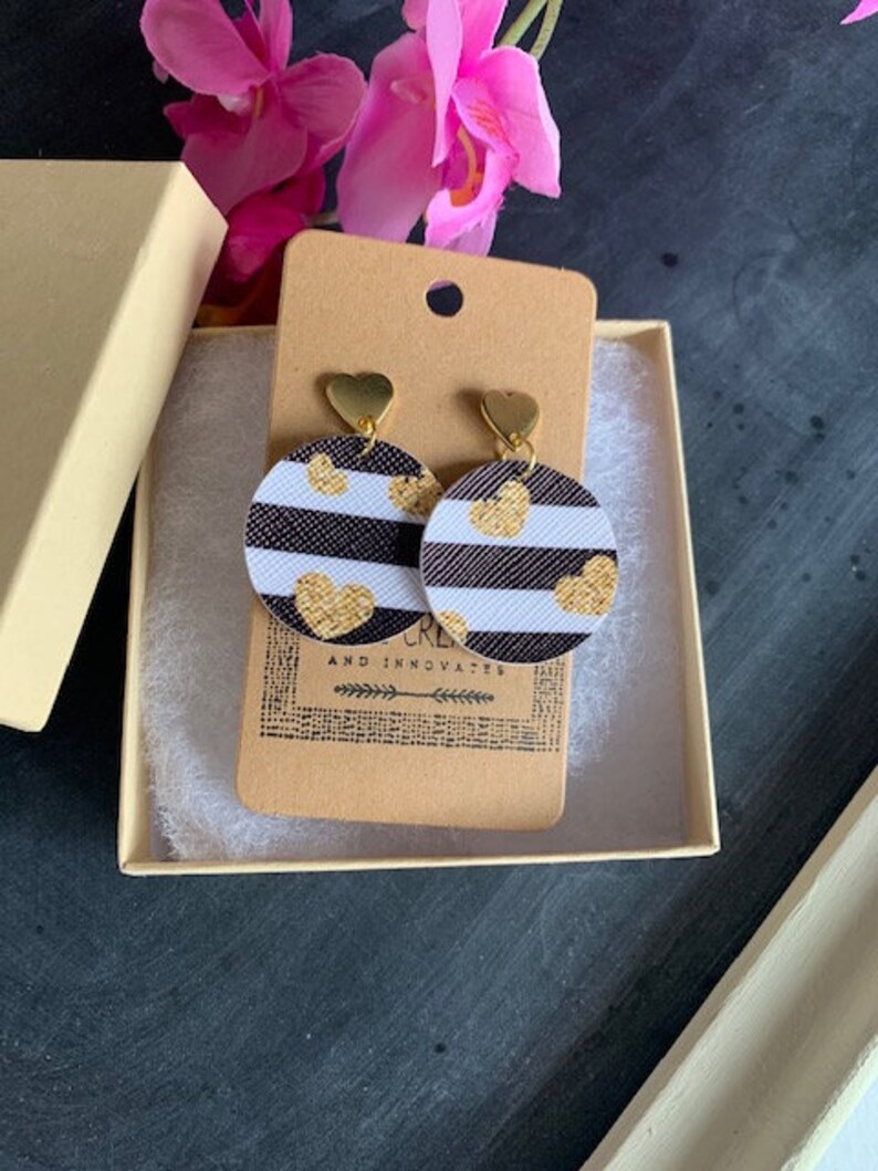 Heart earrings Gold earrings Striped earrings Leather earrings Black and white earrings Valentine/'s Day earrings
