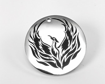 Phoenix Fire Bird Rise From the Ashes Laser Engraved Silver/Black Circle Charm with Chain Necklace - Personalized Gift Stainless Steel