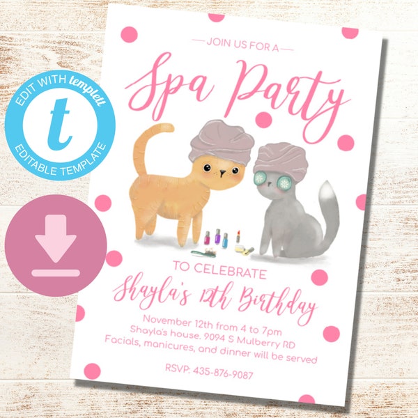 Spa Birthday Party Invitation, Glam Party digital Evite, Cat Girl Blush Pink, Spa Party Tween Party Instant Download