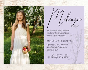 Printable LDS baptism announcement girl: Instant Download invitation simple elegant template