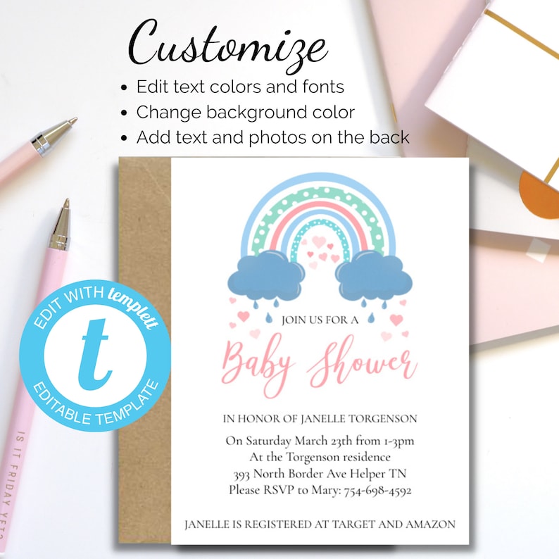 PRINTABLE Gender Neutral Baby Shower Invitations Invites, Rainbow, Rain