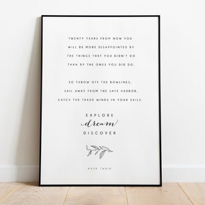 Mark Twain Quote Printable, Twenty Years From Now // Wall Art // Graduation Gift // Explore, Dream, Discover // Digital Download