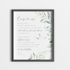 Matthew 11 28-30, Come to Me All Who Are Weary and I will Give You Rest, Bible Wall Art, Scripture Printable, Botanical Leaves Verse Print