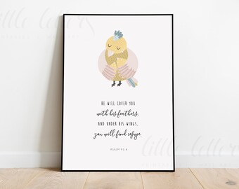 Nursery Print for kids room, He Will Cover You With His Wings, Printable, Bible Wall Art, Sleeping Psalm 91:4