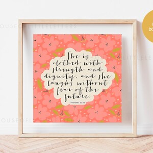 Bible Verse Wall Art, Printable, She is clothed in strength and dignity, Proverbs 31:25, Scripture Print, Christian Decor, Encouraging Gift