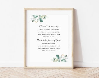 Arte mural con versículos bíblicos, imprimible, Filipenses 4:6-7, Arte mural con versículos bíblicos, Ánimo, No se preocupen