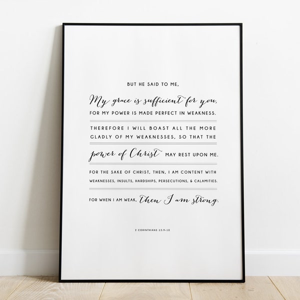 Bible Verse Wall Art, Scripture Printable, 2 Corinthians 12:9-10 Scripture Wall Art, Bible Verse Print Poster, my grace is sufficient