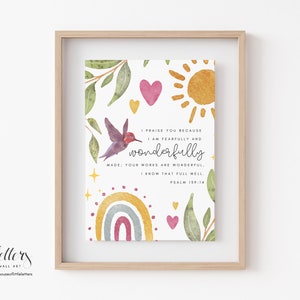 Psalm 139 I praise you for I am fearfully and wonderfully made, Bible Wall Art, Printable, Girls Scripture Print, Dedication, Nursery, Gift