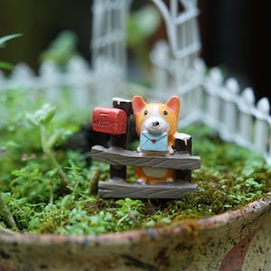 Fairy Miniature Dog with Postbox Tiny Corgi Fairy Garden Accessories, Terrarium Supply , Miniature Gardening Figurines