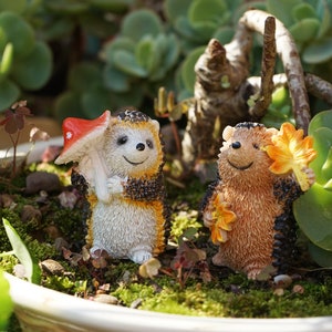 Set of 2 PCS Fairy Garden Accessories Hedgehog Couples Holding Leaf and Flower, Miniature Gardening, Terrarium Supply