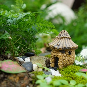 Pode incluir: Uma casa de pedra e telhado de palha em miniatura com uma pequena porta e janelas, cercada por musgo verde e plantas.
