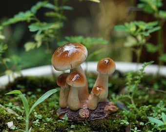 Può includere: Un gruppo di quattro funghi in ceramica marrone e bianca con una base in legno. I funghi sono disposti a grappolo, con il fungo più grande al centro.