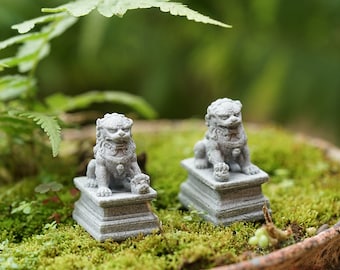 Set of 2 PCS Miniature Mini Chinese Grey Style Lion on Stone   , Fairy Garden / Fish Tank Accessories,