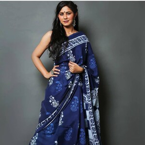 Blue cotton plain saree