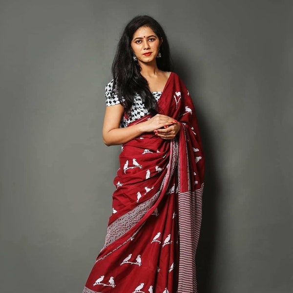 Handmade Hand Print Discharge  Cotton Saree | Traditional saree | Women's Gift | Birthday Gift | Wedding And Party Wear |