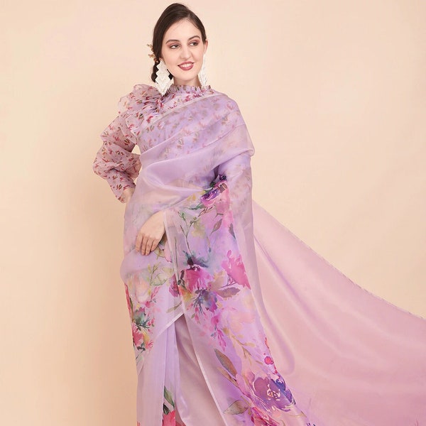 Grey & Pink Organza Printed Saree