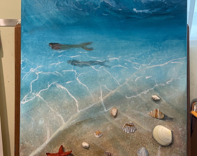 Mermaid and Seashells 3D Original Mixed Media Oil Painting “Under the Sea” 18”x24”