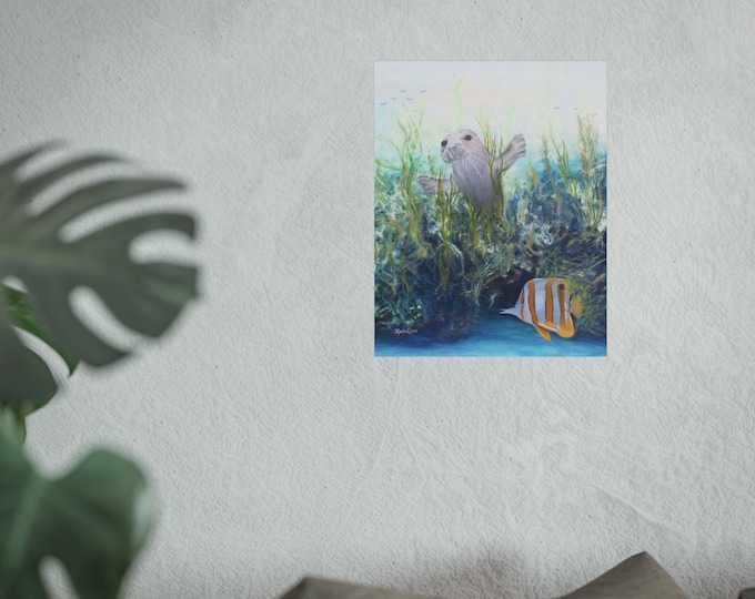 Underwater Sea Lion and Fish Giclee Art Print | Ocean Happy Seal
