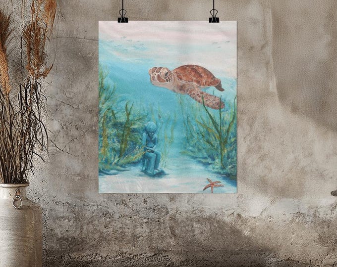 Sea Turtle Underwater Giclée Art Print | Coastal Ocean Painting