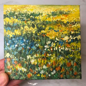 Abstract Acrylic Painting of a Field of Wildflowers on a small 4x4 inch Canvas  |  Flower Painting  |  Abstract Flowers  |  Small Decoration