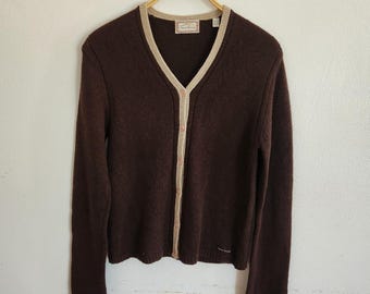 Vintage Thomas Burberry Cardigan mit Knöpfen, Schokoladenbraun, Medium, Academia Preppy