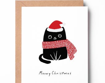 Cute Cat Christmas Card, Merry Christmas Card, Meowy Christmas, Christmas Cat Card, Cat Lover Holiday Card, Cute Cat Card
