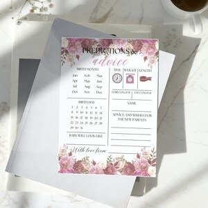 Babyshower voorspellingen en advieskaarten, babyvoorspellingsspelkaarten, afdrukbare babyvoorspellingskaarten, babyraadspel downloaden