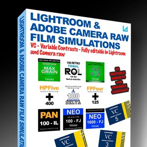 May include: A blue and yellow box with the text "Lightroom & Adobe Camera Raw Film Simulations" and "The Light Academy Photography Training". The box features a variety of film simulation presets for use in Lightroom, including "Max Grain", "HPFive", "Pan", "100 Retro Tonal Rol", "FPFour", "Neo 100 - FJ", "Neo 1600 - FJ", and "Lightspeed VC".