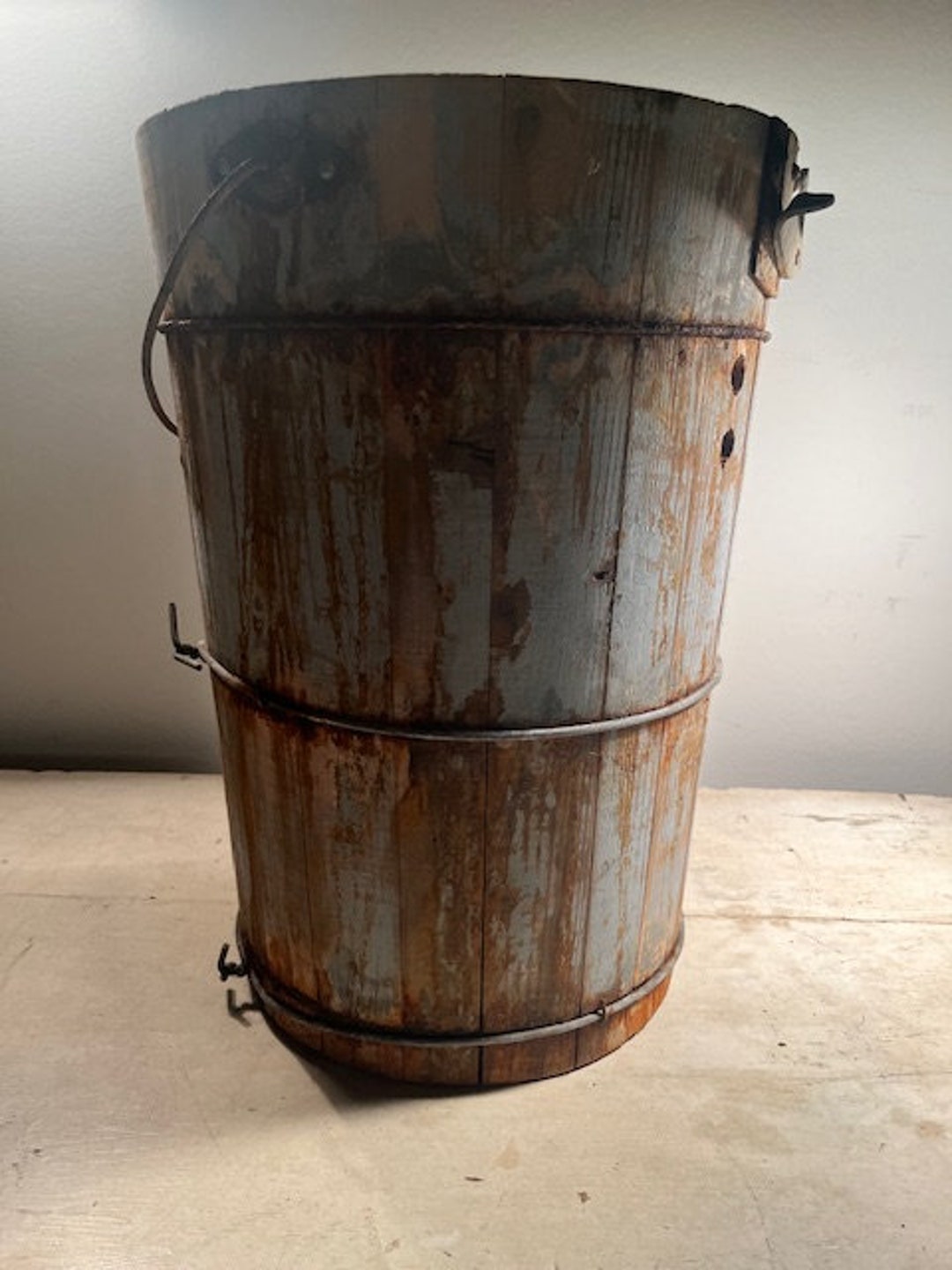 Antique Wood Ice Cream Bucket Old Green Paint // Primitive Etsy