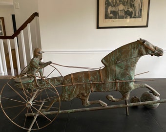 Antique 32” Copper Sulky Jockey Horse Carriage Buggy Weathervane W Directionals