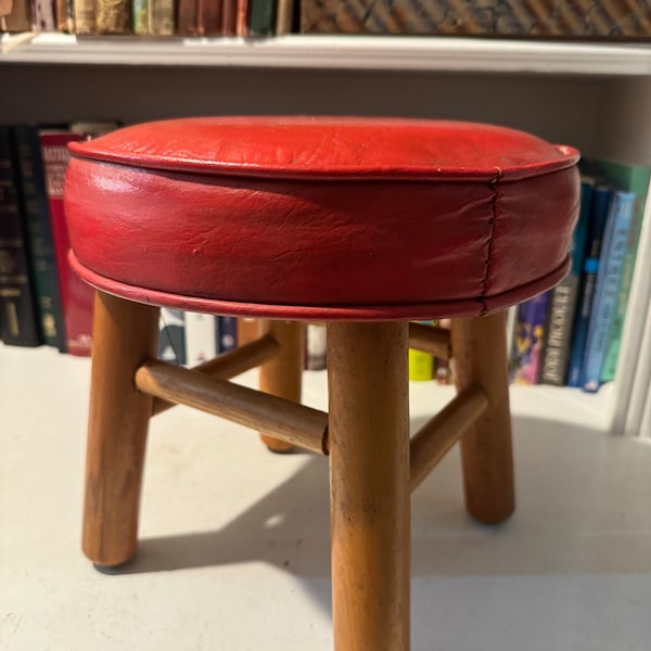 Vintage Wooden Small Round Red Padded Stools Continental Seat Inc