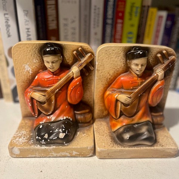 Asian Chalkware Bookends | Musician string instruments Statue Bookends 1940s