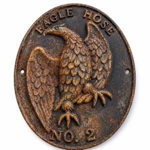 May include: An oval-shaped, dark brown, weathered metal plaque featuring a raised relief of an eagle in the center. The text EAGLE HOSE is embossed along the top edge, and the text NO. 2 is embossed along the bottom edge of the plaque.