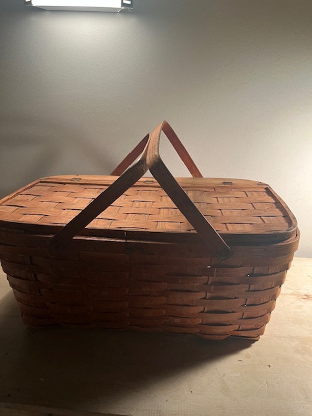 Vintage Woven Wood Picnic Basket 1940 Braided Picnic Basket With Metal