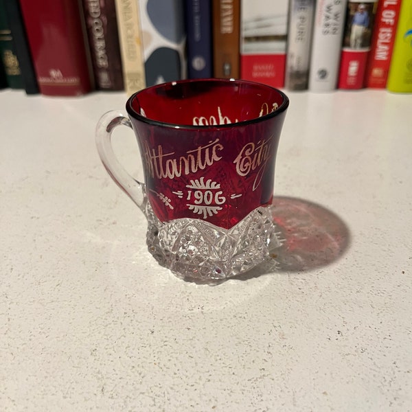 Vintage Ruby Red Flash 1906 Souvenir Cup with Pressed Glass Cut to Clear, Atlantic City sourvenir