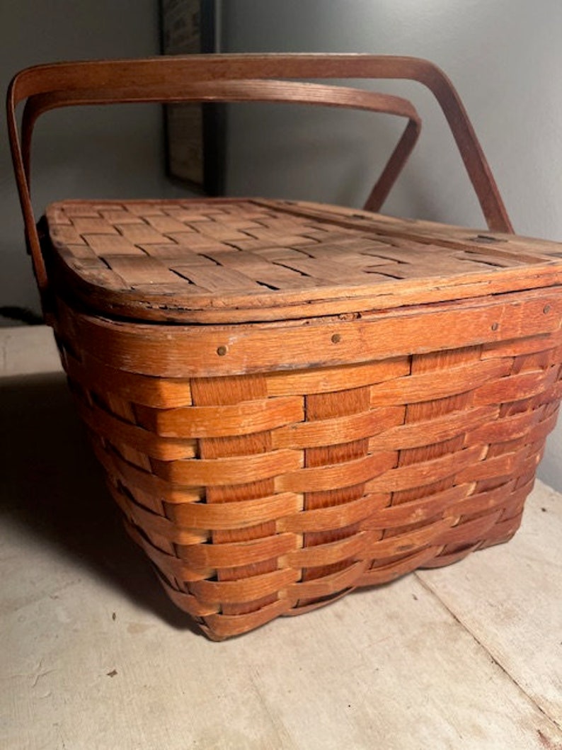 Vintage Woven Wood Picnic Basket 1940 Braided Picnic Basket With Metal