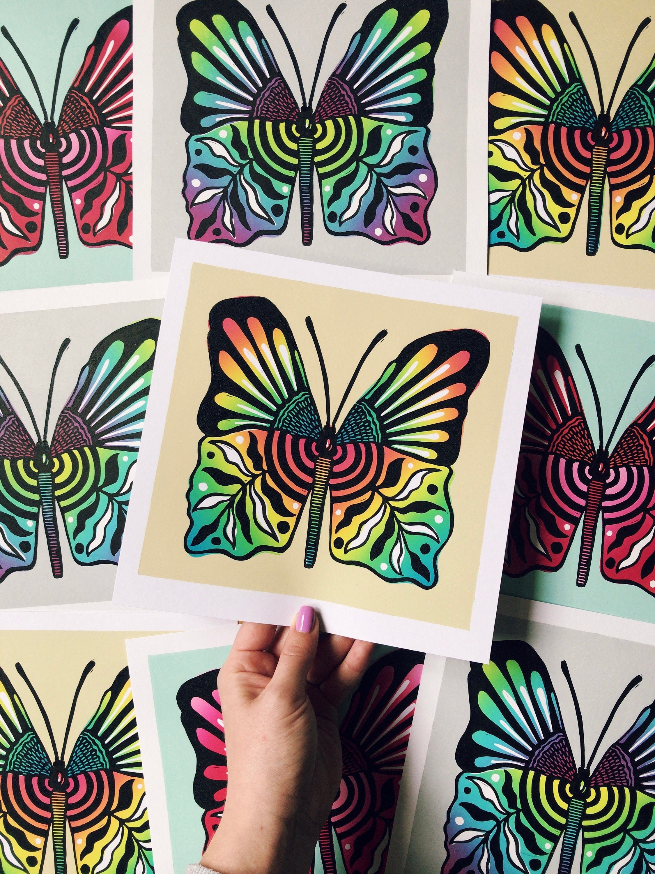 Brightly Coloured Butterfly Linocut Art Prints Original Etsy