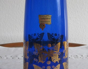 Jarrón de vidrio azul vintage con mariposas doradas / Jarrón de vidrio azul / Boca hecha a mano soplada / Retro mediados de siglo