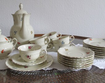 Vintage Bavaria Schumann Kaffee/Teeservice / Elfenbein Weiß Streublumen Goldrand  / Floral Klassisch / Porzellan Tassen Teller Kanne