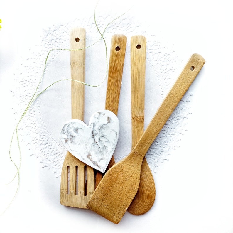 Wooden spoons set decorated marble resin art hostess gift ideas