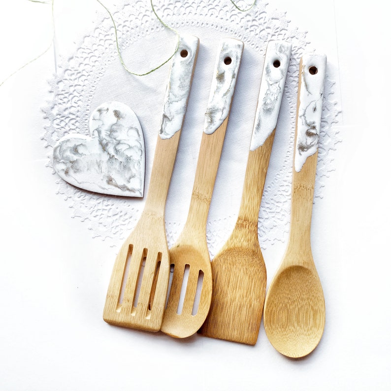 Wooden spoons set decorated marble resin art hostess gift ideas