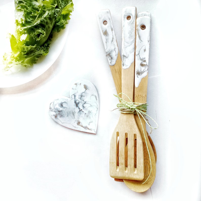 Wooden spoons set decorated marble resin art hostess gift ideas