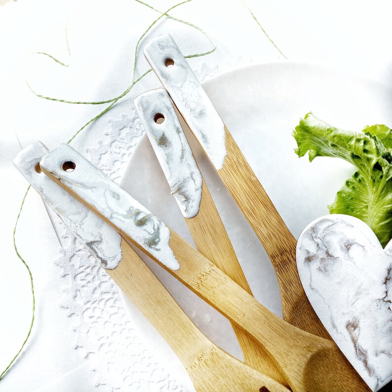 Wooden spoons set decorated marble resin art hostess gift ideas