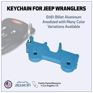 May include: A blue aluminium Jeep Wrangler keychain made from 6061 billet aluminium. The keychain is anodised with many colour variations available. The text "KEYCHAIN FOR JEEP WRANGLERS" is at the top of the image. The text "6061 Billet Aluminium Anodized with Many Color Variations Available" is in the middle of the image. The text "JKLOUD" is at the bottom of the image. The text "Family Owned Business in Los Angeles, CA" is at the bottom of the image.