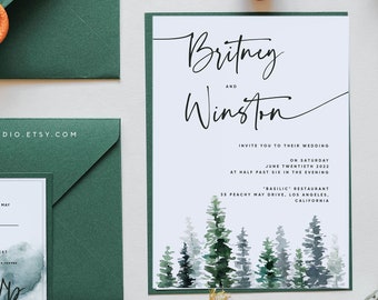 Mountain Wedding Invitation Suite, Editable Template, Invitation, Rustic RSVP and Details Pine Tree Wedding Invitation Template Suite A052 G